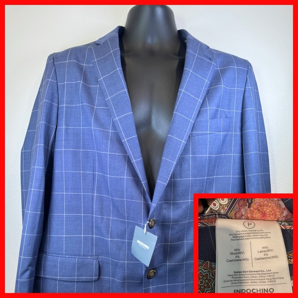 INDOCHINO Blazer Mens "P" Blue‎ Striped Wool Cashmere Luxury Slim Fit Windowpane
